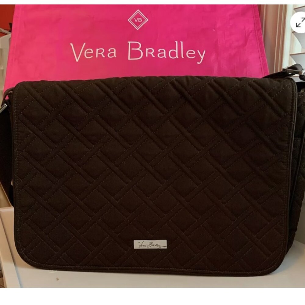 Vera Bradley Espresso Brown Microfiber Laptop Messenger Bag Crossbody Tote